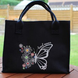 Dunkelblauer Filz-Shopper mit Motiv halb Schmetterling, halb Blumen